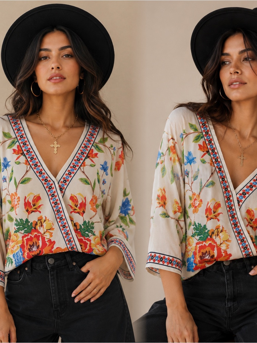 Flying Tomato Cream Floral V-Neck Wrap Blouse